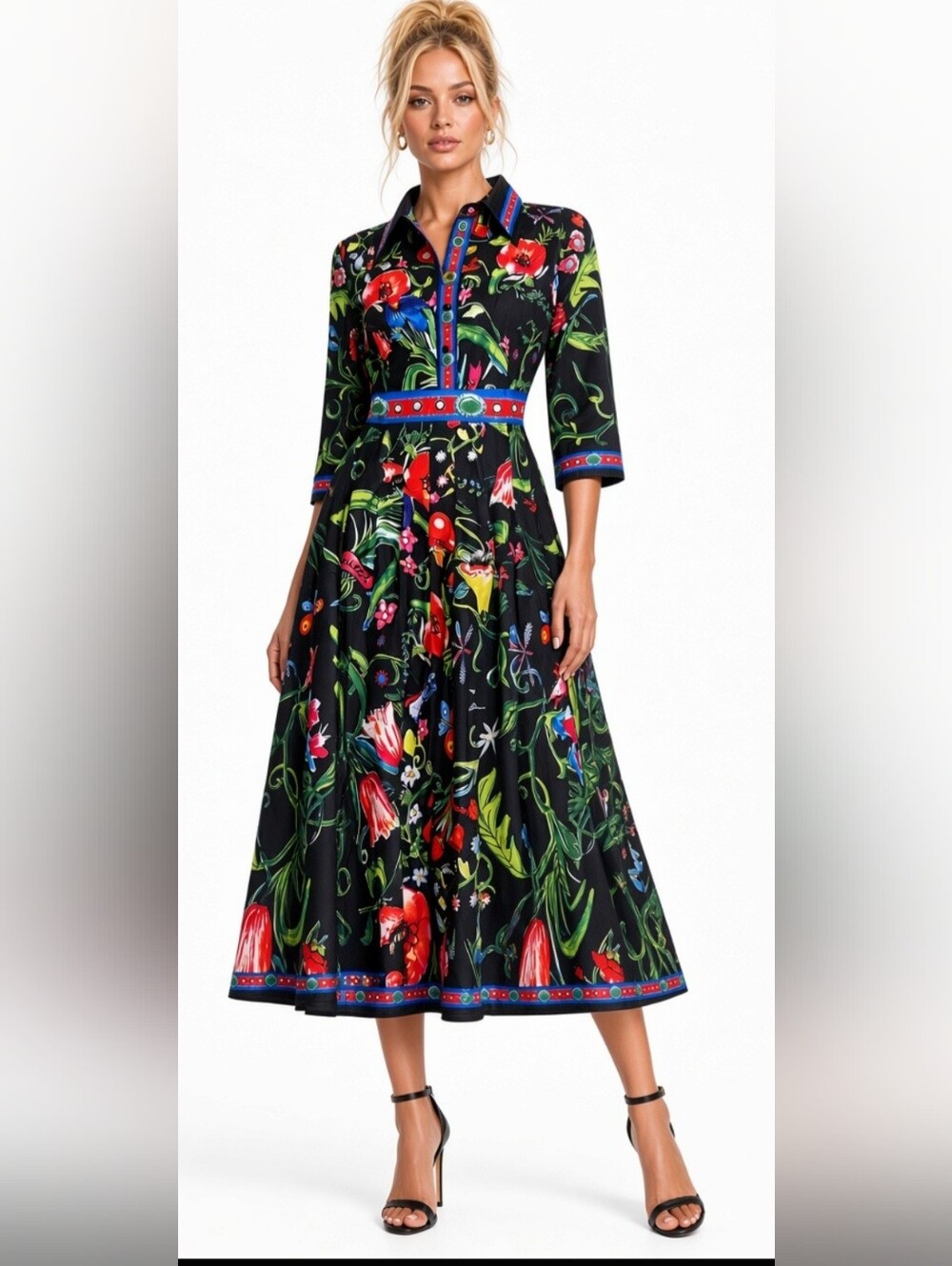 Feiinva Black Midi Shirt Dress / Coverup with Multicolor Floral Print(sz:med)